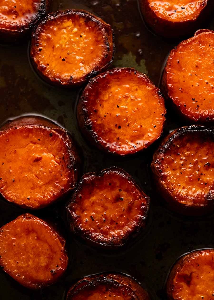 Overhead photo of Fondant Sweet Potatoes fresh out of the oven