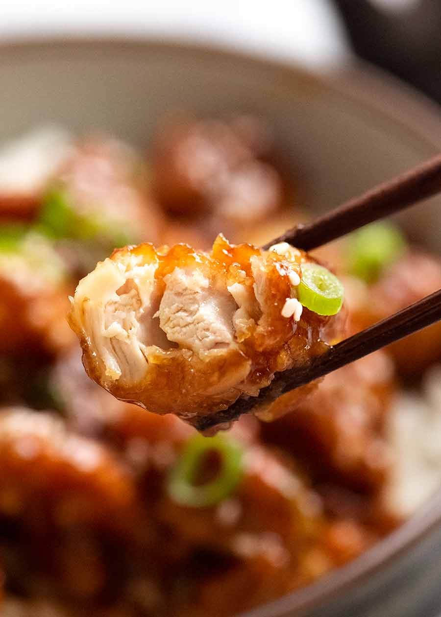 Close up showing inside of a piece of General Tso's Chicken