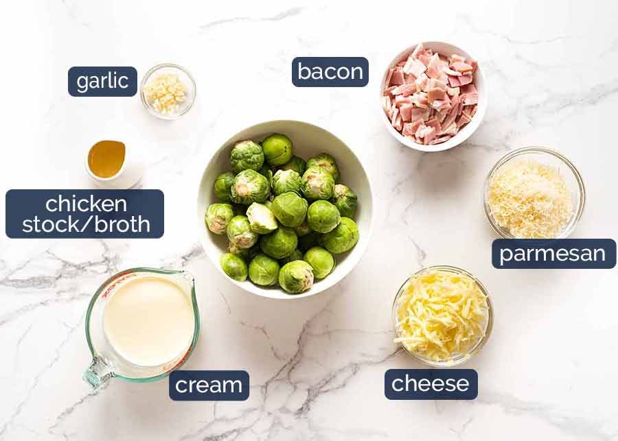 Ingredients in Brussels Sprouts in a creamy sauce with bacon