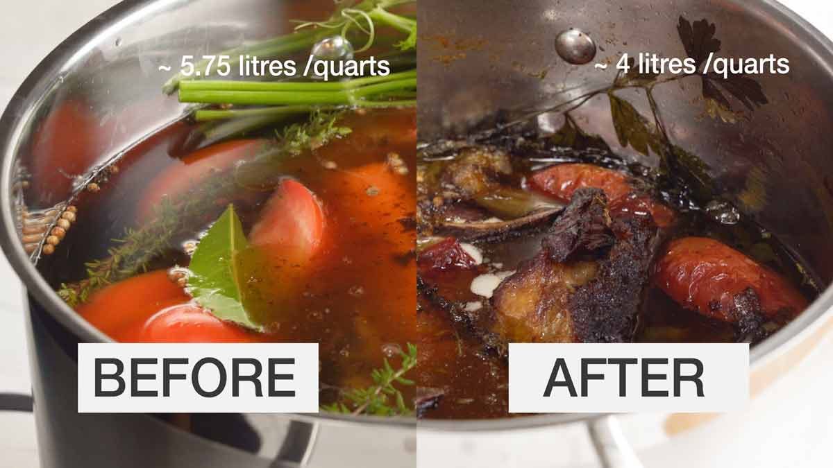 Before and after simmering beef stock