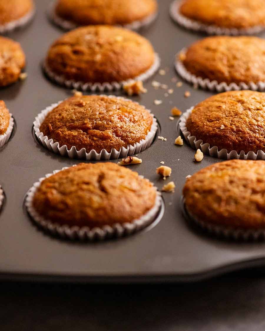 Close up of freshly baked Carrot Cake Cupcakes with Cream Cheese Frosting