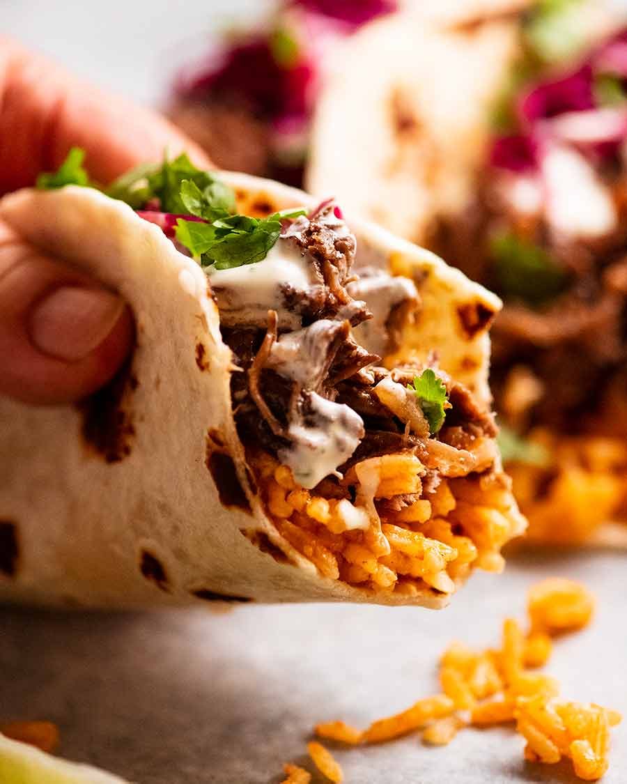 Close up showing inside of Beef Barbacoa Tacos