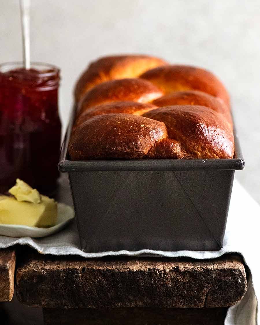 Freshly baked brioche in loaf pan