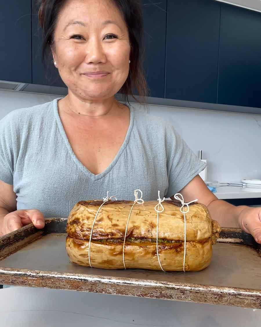 Nagi looking smug with vegan stuffed pumpkin