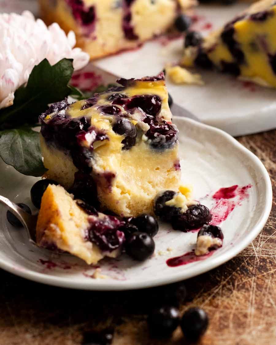 Showing the creamy custard layer of Blueberry Custard Cake