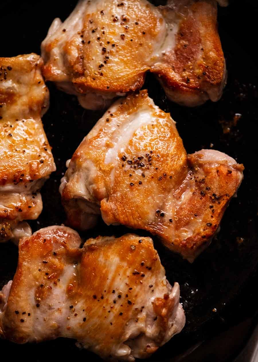 Golden pan seared chicken thighs