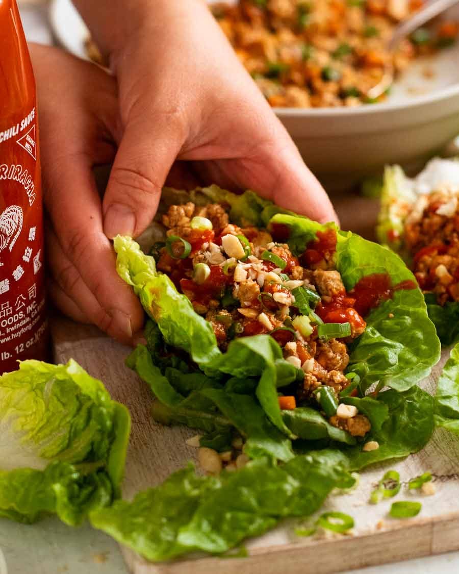 Hand holding Vegetarian lettuce wraps - san choy bow