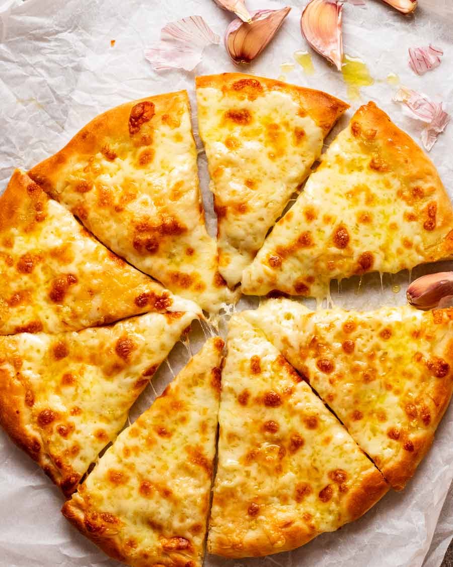 Overhead photo of Garlic cheese pizza