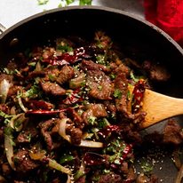 Close up of Xinjiang Cumin Lamb Stir Fry