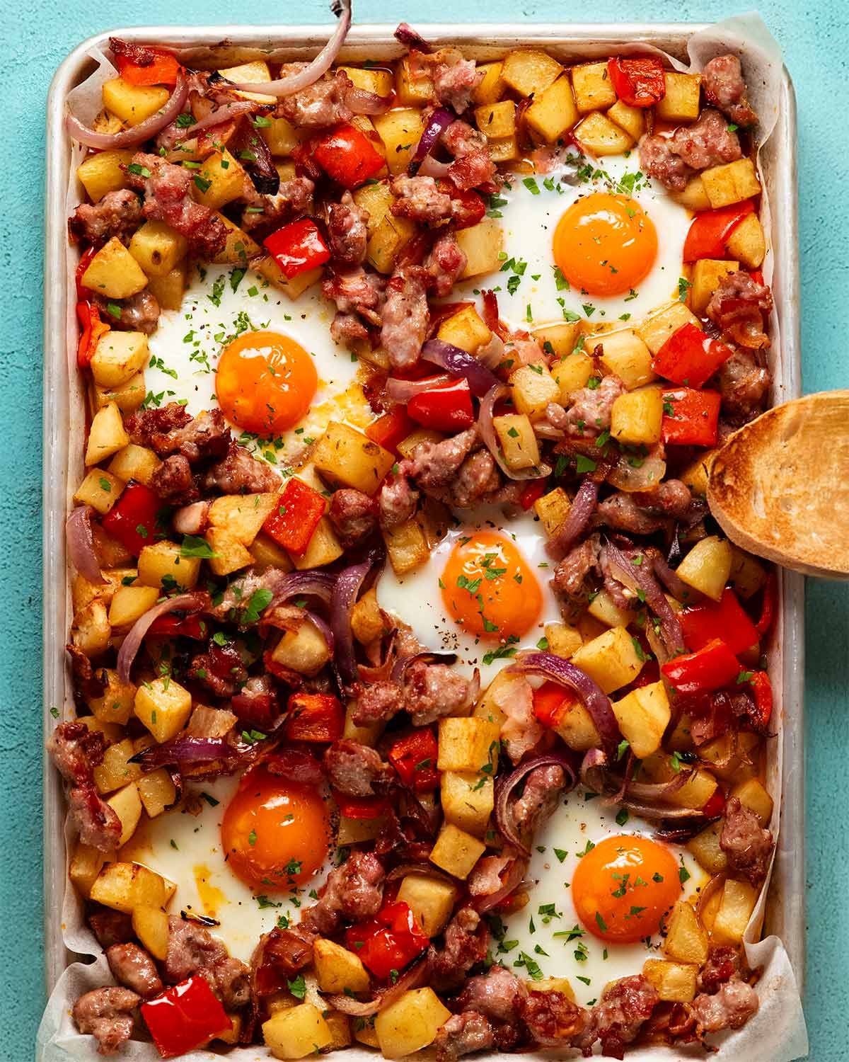 Baked breakfast hash with sausage and potatoes
