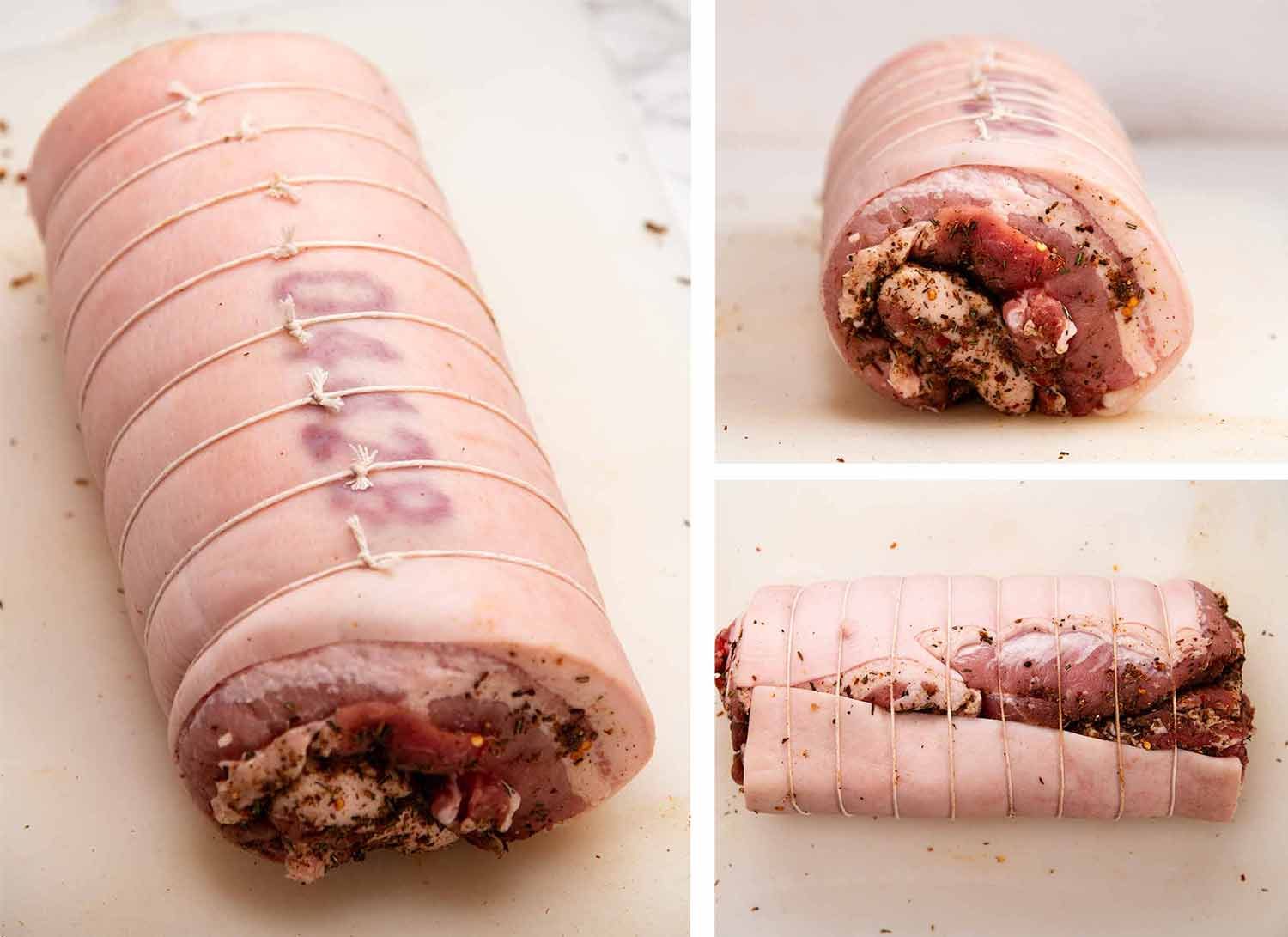 Rolled and tied Porchetta, ready to roast