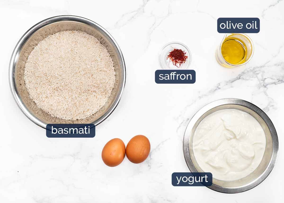 Ingredients for Golden Saffron Rice Bake stuffed with Spiced Meat