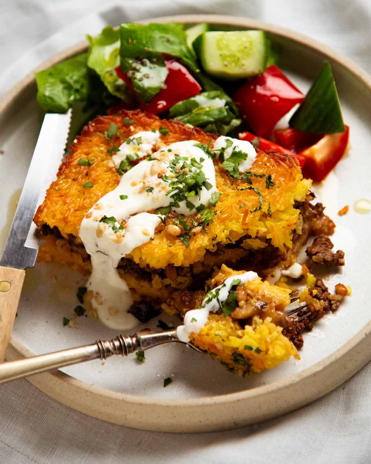 Golden Saffron Rice Bake stuffed with Spiced Meat